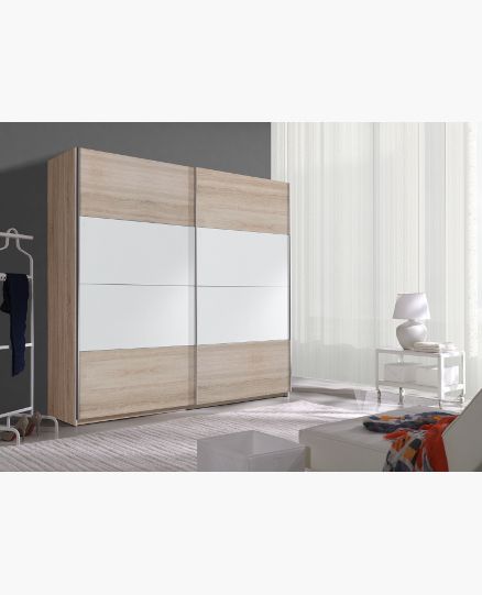Image of HM - Kleerkast Beta - 2 schuifdeuren - Eik/Wit - 221x210x61cm. Een kledingkast met 2 schuifdeuren </span>zonder spiegels...