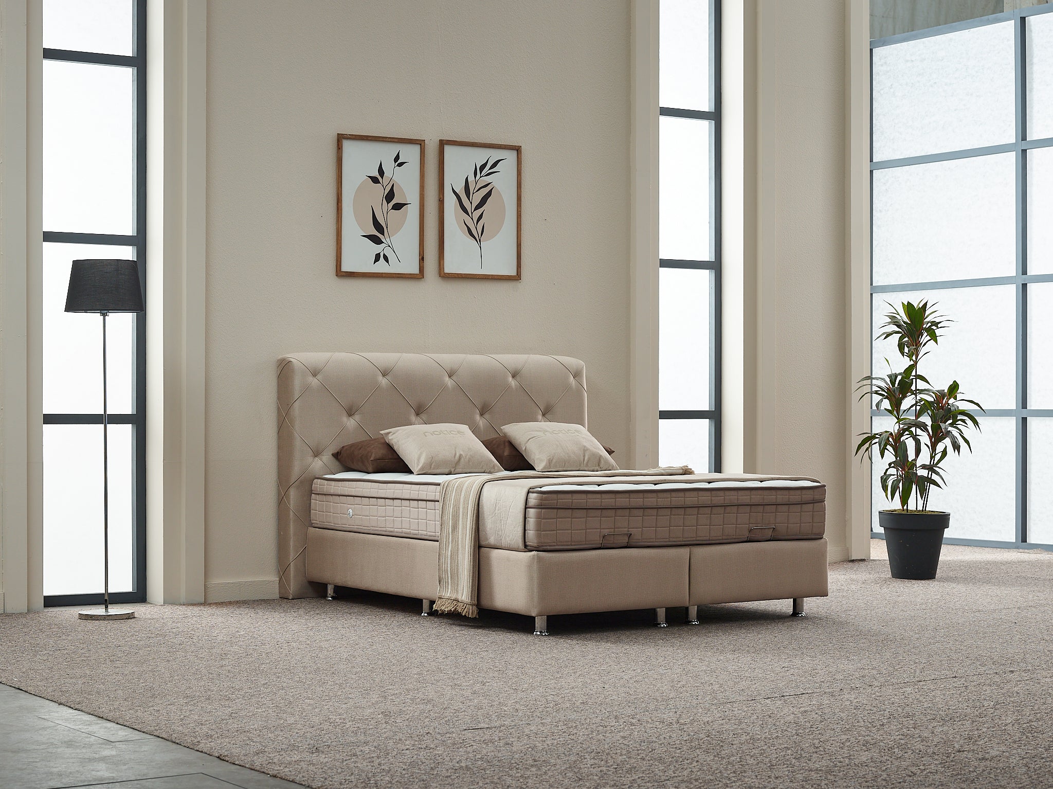 2BM - Boxspring Almi - Avec espace de rangement - Tissu - Taupe - 180x121x200cm