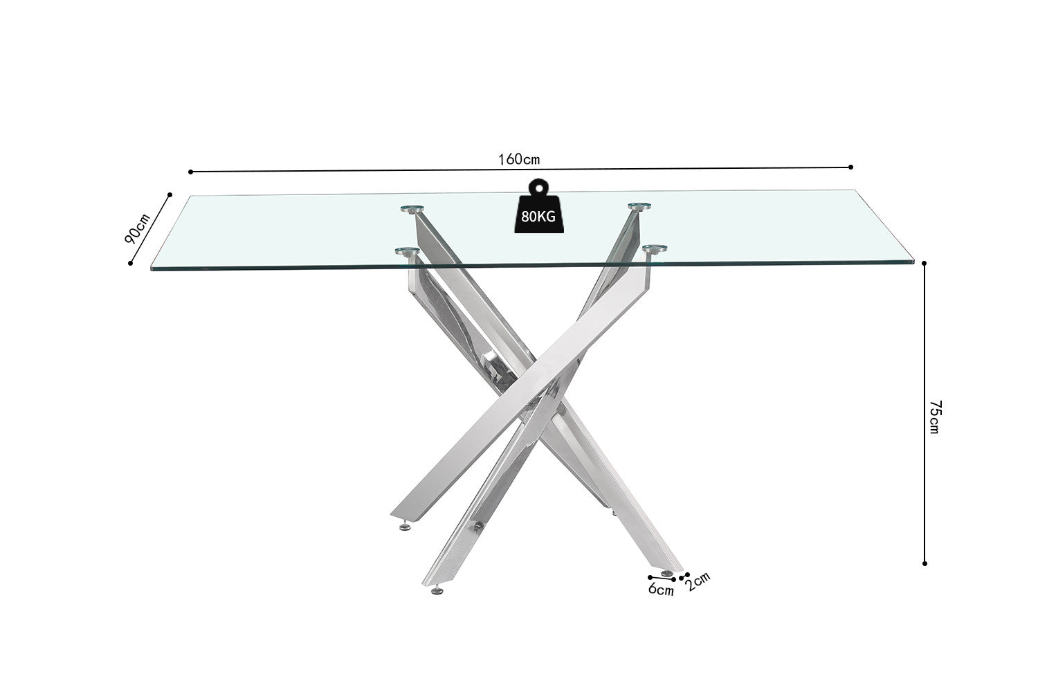 Rousseau - Tafel Lasi 160 cm Glas, Poten Chroom - 75x160x90 cm