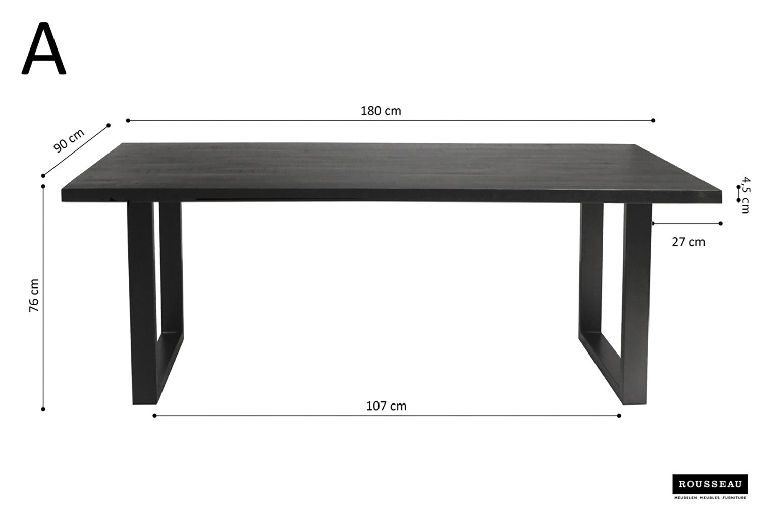 Rousseau - Tafel Nicola 180 cm Rechthoekig Mango hout zwart - 76x180x90cm