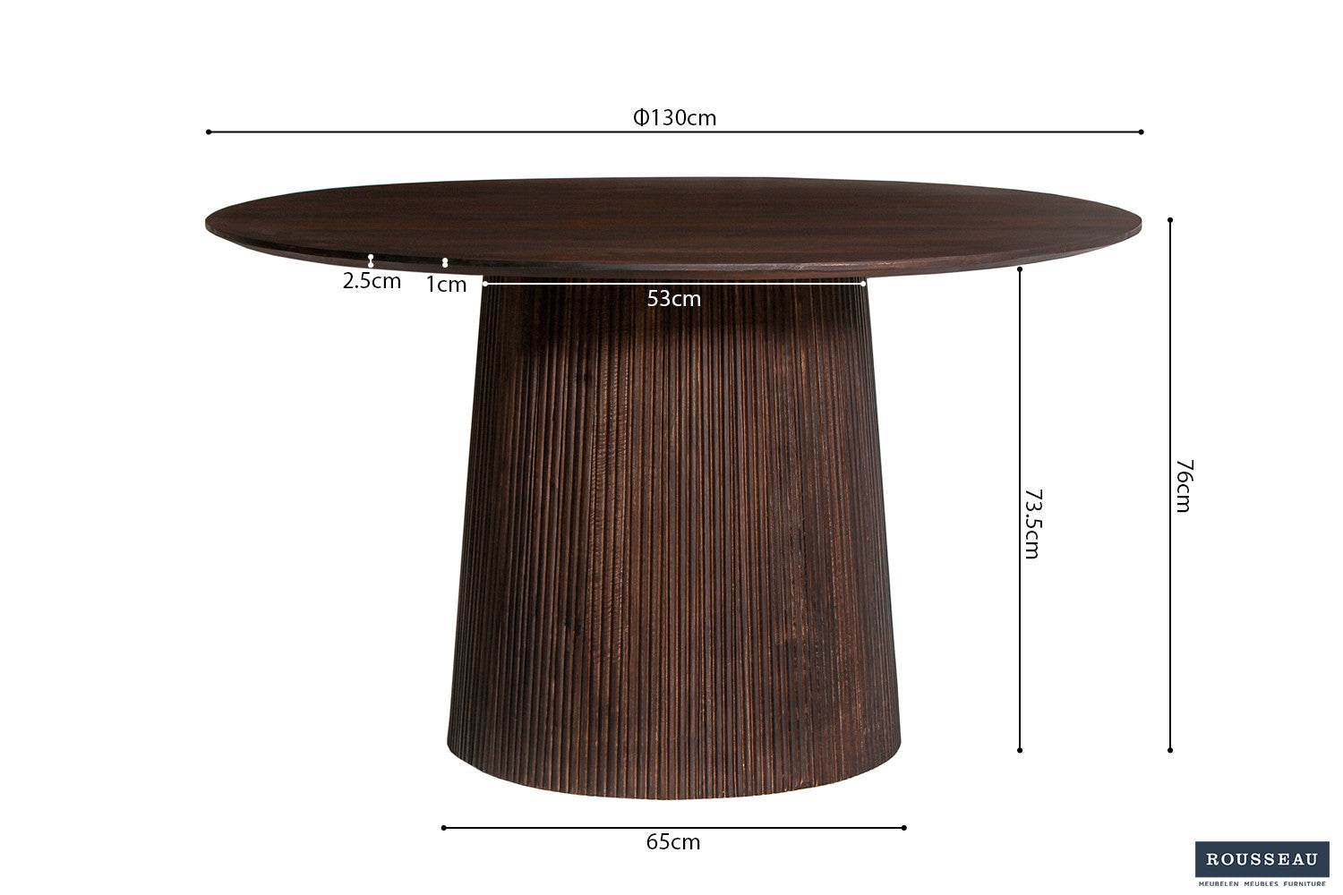 Rousseau - Tafel Miguel 130 cm Rond Mango hout Donkerbruin - 76x130x130 cm