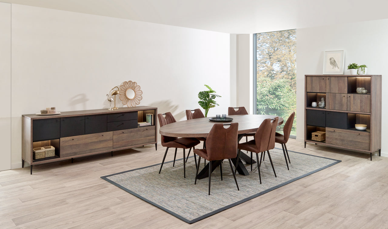 Evan - Eetkamer Trevi Ovaal - 3-delige set - Eik/Zwart - Twee kleuren