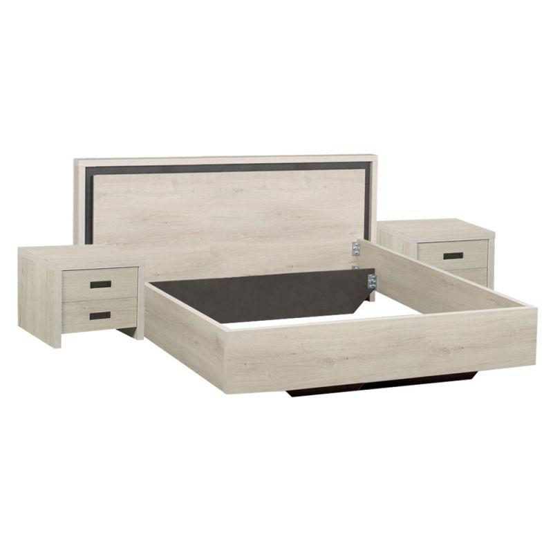 Tweepersoonsbed Riva - 2 nachtkastjes - Lichtgrijze Eik - 140x85x200cm