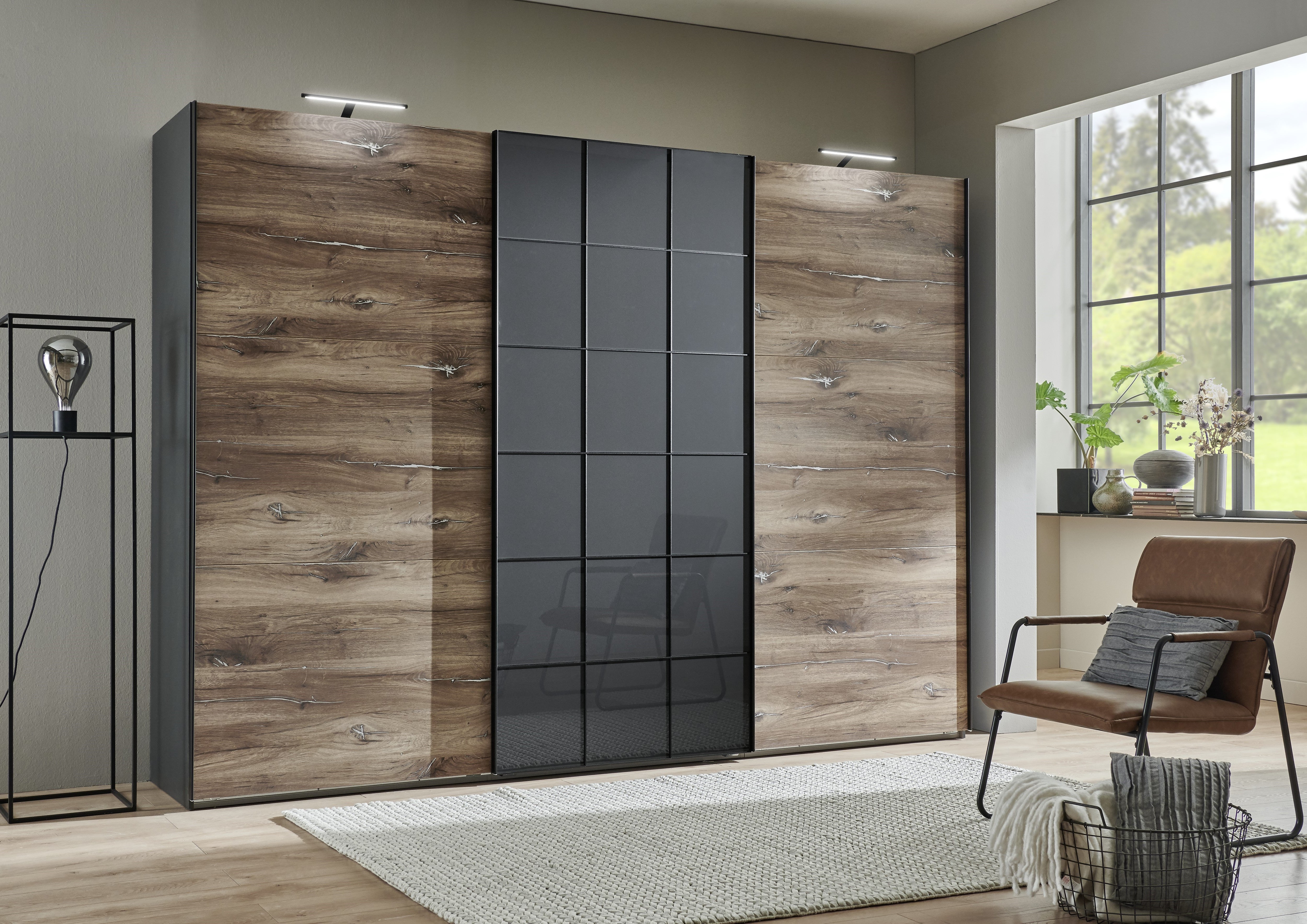 Schuifdeurenkast Toronto -  3 deuren - Houten decor - Glass deur - 300x218x65 cm