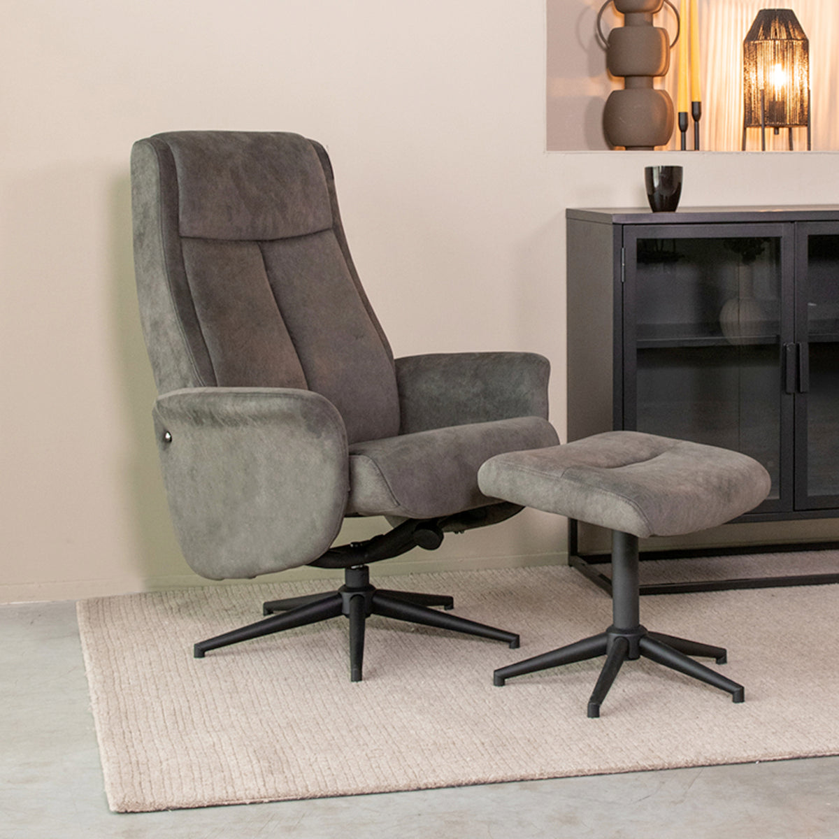 Label51 - Relaxfauteuil Bergen + Ottomane - Stof - Antraciet - 77 x 76 x 105 cm