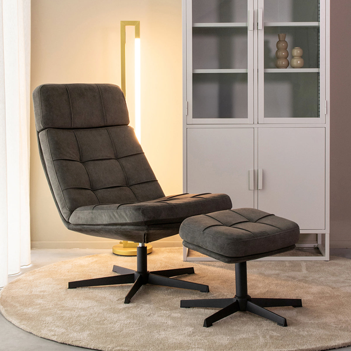 2BM - Relaxfauteuil Alvar + Ottomane - Antraciet - 53x57x83 cm