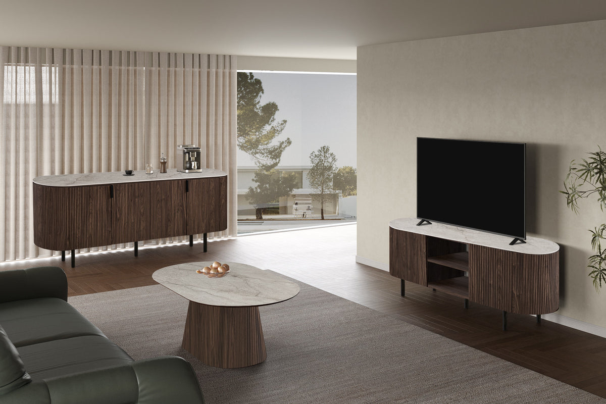 Rousseau - Meuble TV Vigo - Chêne foncé - Beige Shakespeare - 58x45x160 cm
