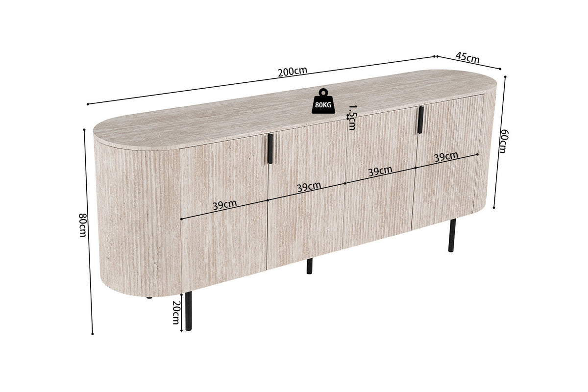 Rousseau - Dressoir Lagos 200 cm - Decor Travertin Beige - 80 x 200 x 45 cm