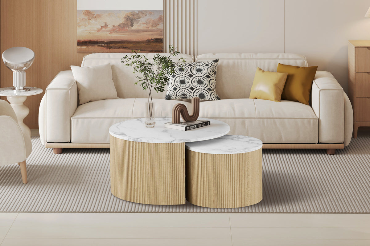 Rousseau - Table basse Rowan Ronde lot de 2 - Décor Marbre Beige - 42/37 x 80/50 x 80/50 cm