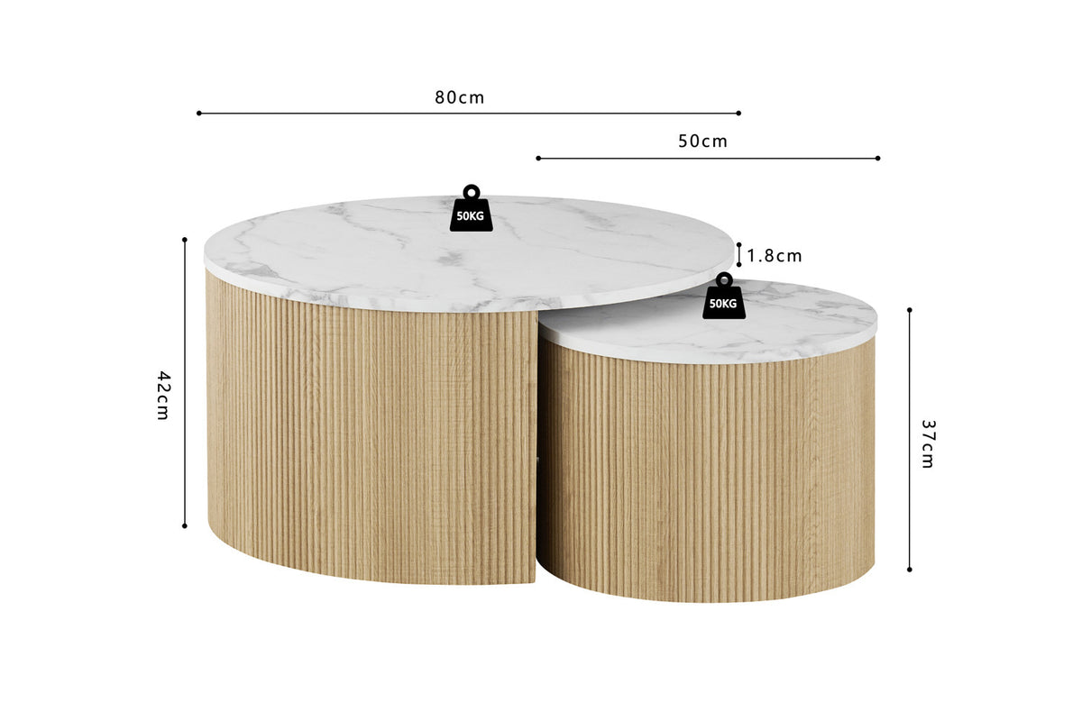 Rousseau - Salontafel Rowan Rond set van 2 - Decor Marmer Beige - 42/37 x 80/50 x 80/50 cm