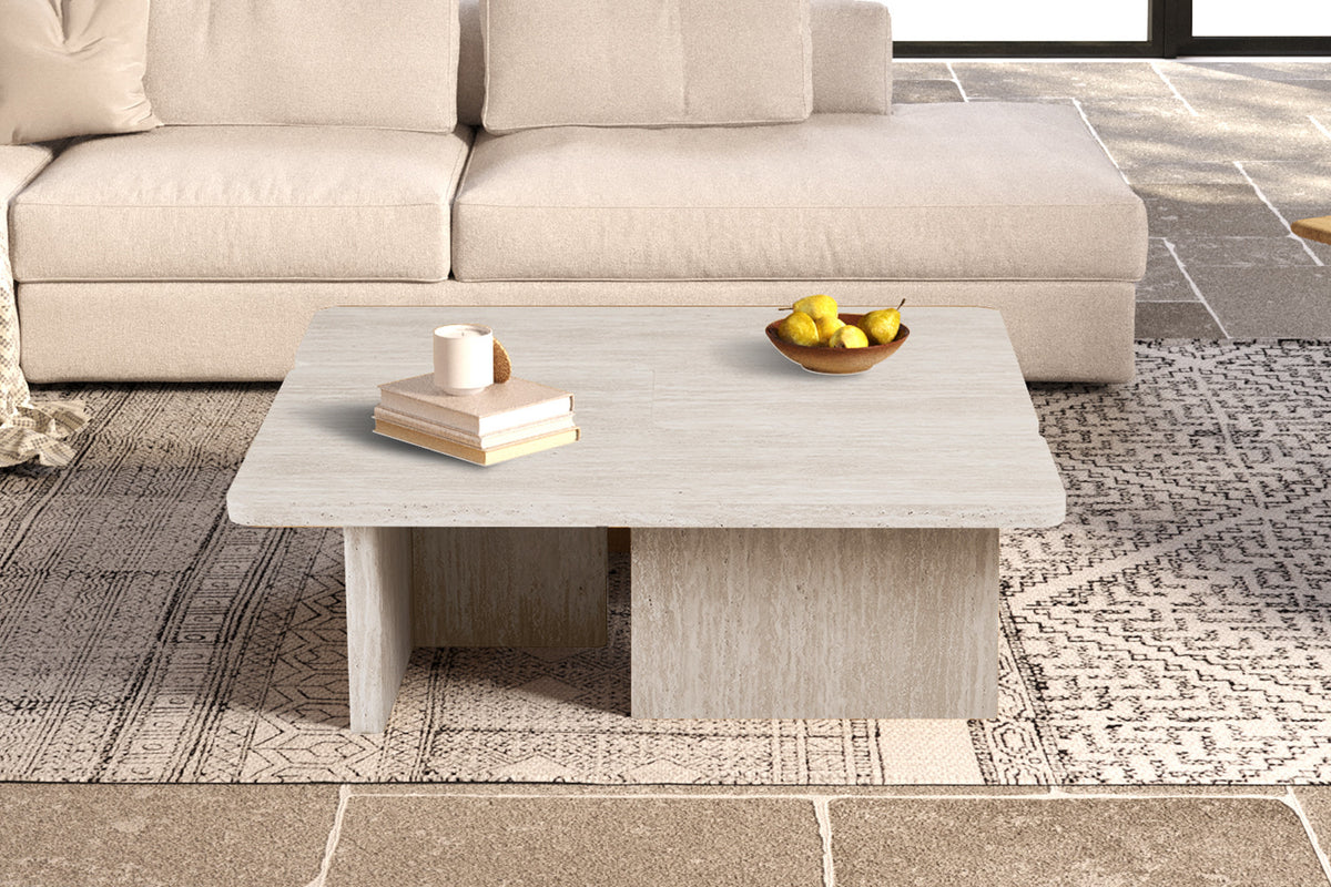 Rousseau - Table basse Arallo Carrée - Décor Travertin Beige - 38 x 120 x 120 cm
