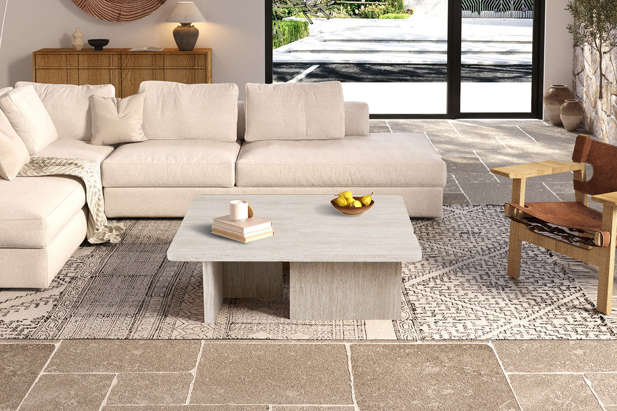 Rousseau - Table basse Arallo Carrée - Décor Travertin Beige - 38 x 120 x 120 cm