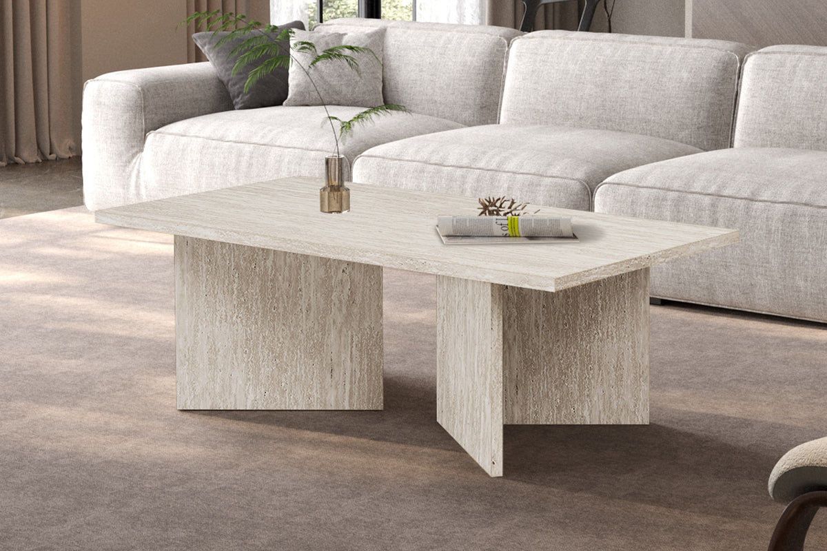 Rousseau - Table basse Litar Rectangulaire - Décor Travertin Beige - 42 x 125 x 65 cm