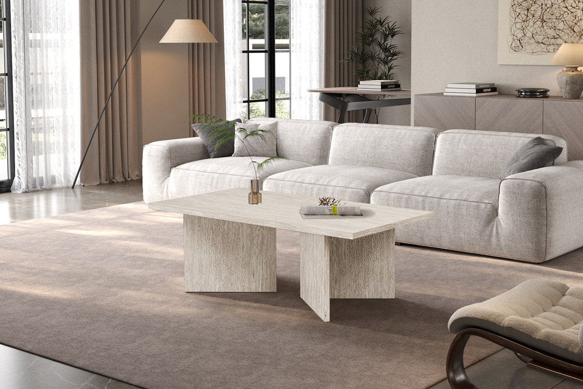 Rousseau - Table basse Litar Rectangulaire - Décor Travertin Beige - 42 x 125 x 65 cm