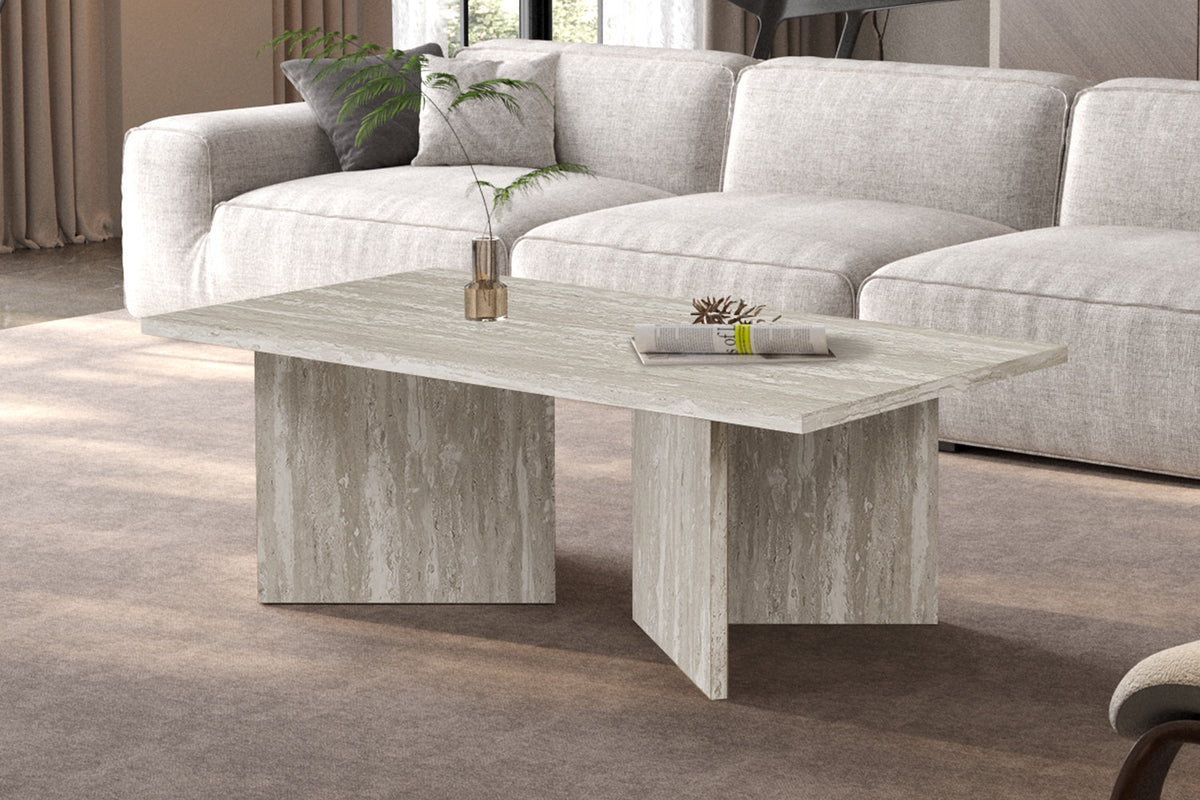 Rousseau - Table basse Litar Rectangulaire - Décor Travertin Gris - 42 x 125 x 65 cm