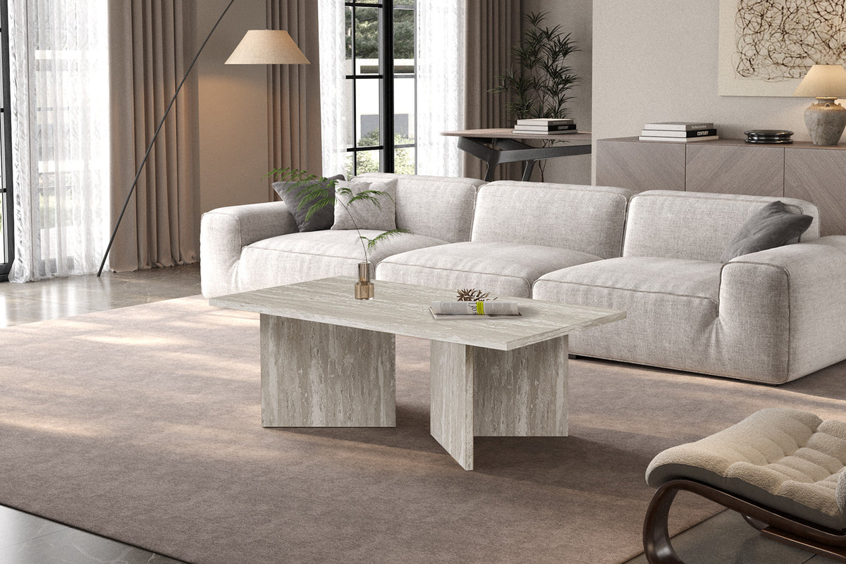 Rousseau - Table basse Litar Rectangulaire - Décor Travertin Gris - 42 x 125 x 65 cm