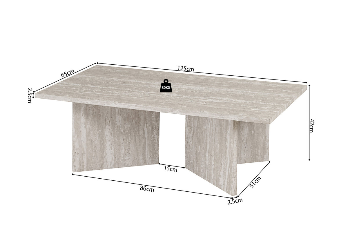 Rousseau - Table basse Litar Rectangulaire - Décor Travertin Gris - 42 x 125 x 65 cm