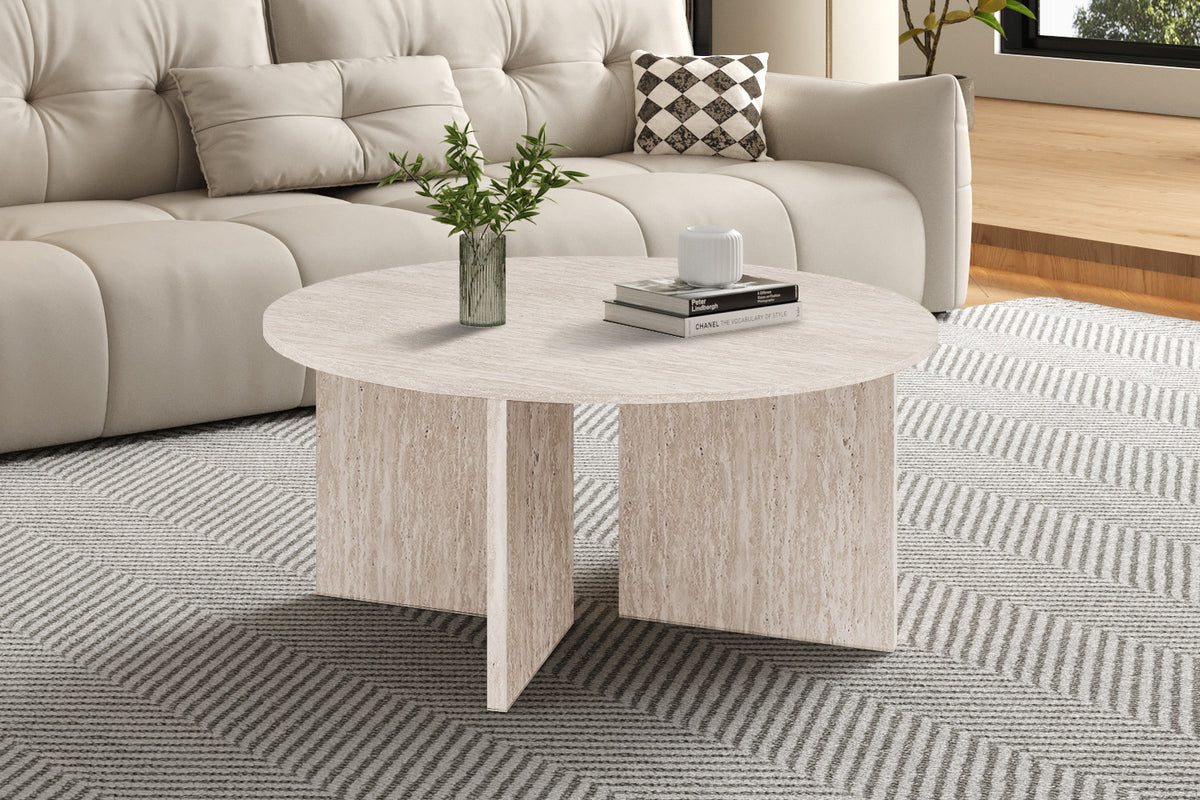Rousseau - Table basse Drasir 90 cm Ronde - Décor Travertin Beige - 42 x 90 x 90 cm