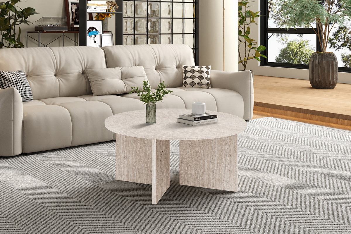 Rousseau - Table basse Drasir 90 cm Ronde - Décor Travertin Beige - 42 x 90 x 90 cm