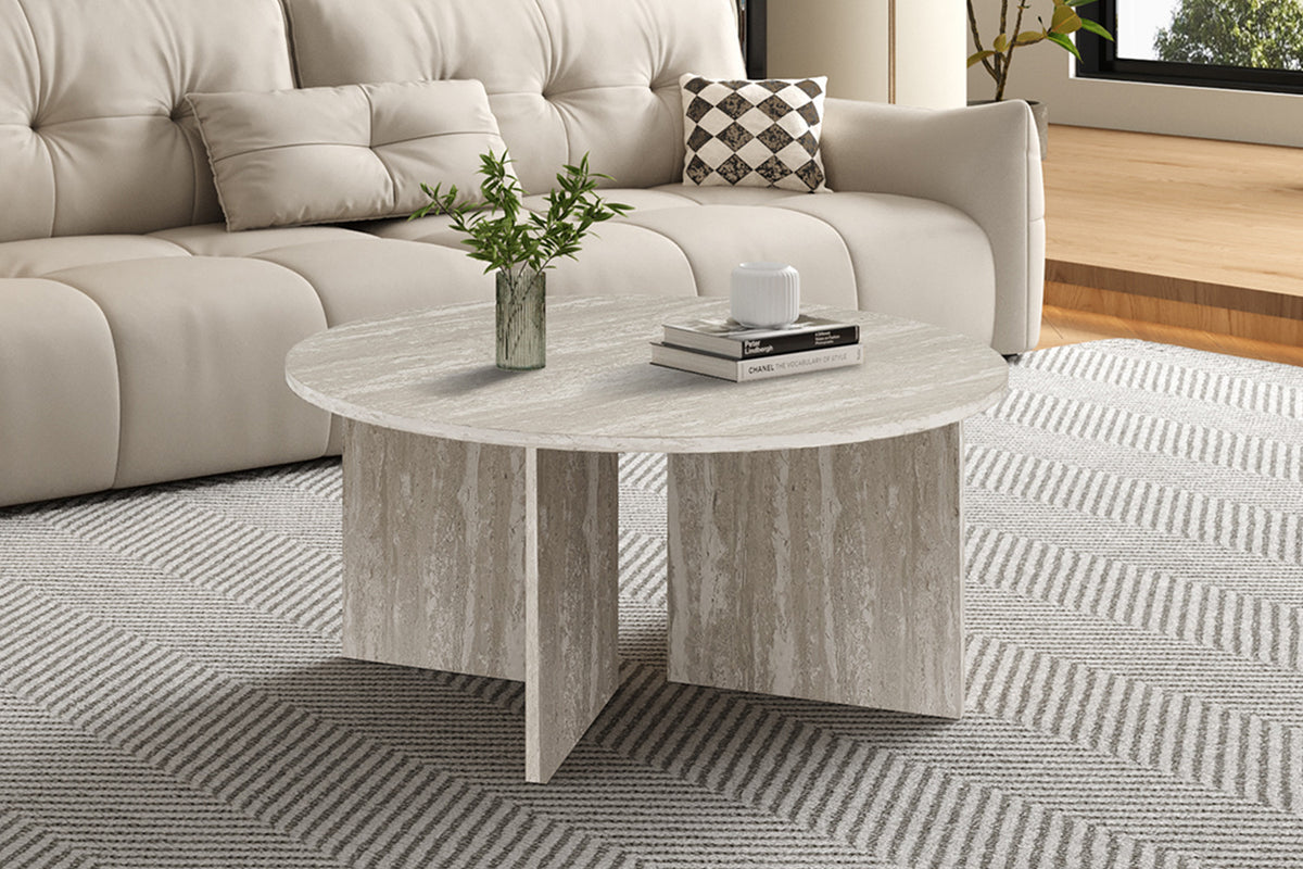 Rousseau - Table basse Drasir 90 cm Ronde - Décor Travertin Gris - 42 x 90 x 90 cm