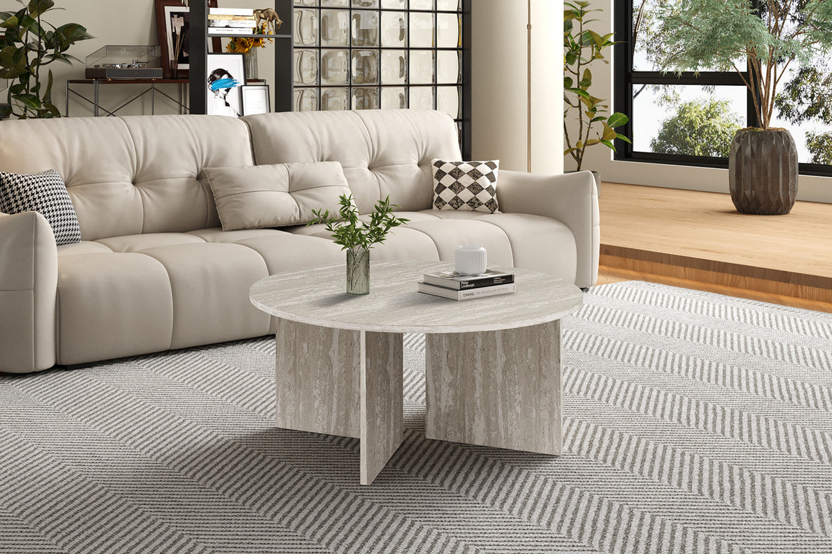 Rousseau - Table basse Drasir 90 cm Ronde - Décor Travertin Gris - 42 x 90 x 90 cm