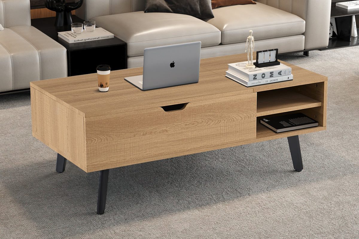 Rousseau - Table basse Justine Lift-top - Décor Chêne Naturel - 45-62 x 120 x 60 cm