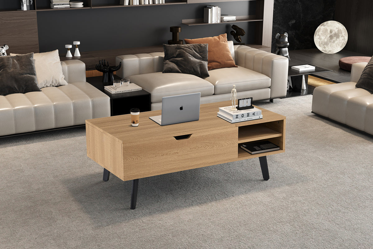Rousseau - Table basse Justine Lift-top - Décor Chêne Naturel - 45-62 x 120 x 60 cm