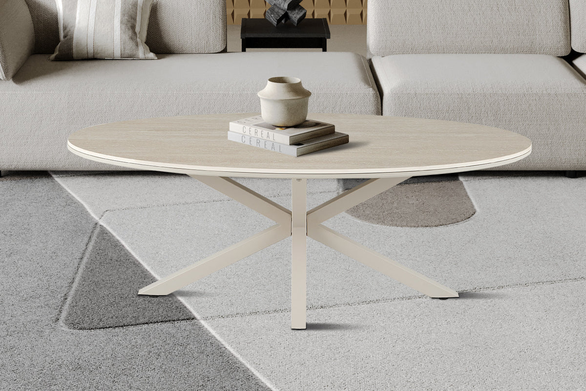 Rousseau - Table basse ovale danoise Noa - Pierre Beige Baroque - Pied Gris - 45 x 130 x 70 cm