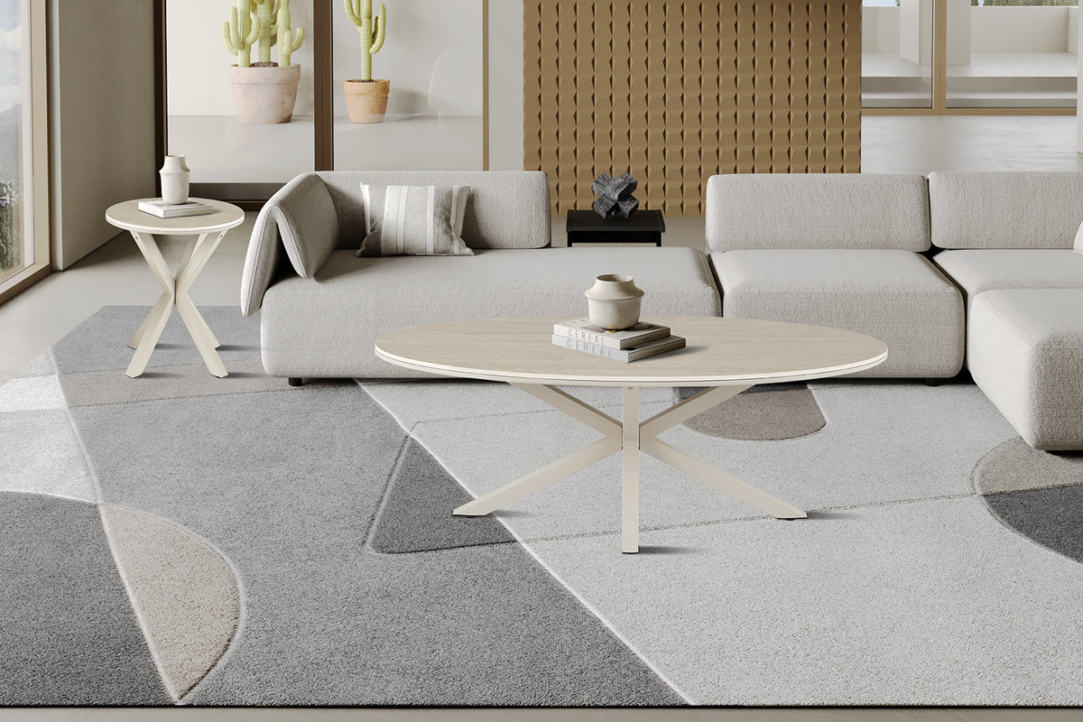 Rousseau - Table basse ovale danoise Noa - Pierre Beige Baroque - Pied Gris - 45 x 130 x 70 cm