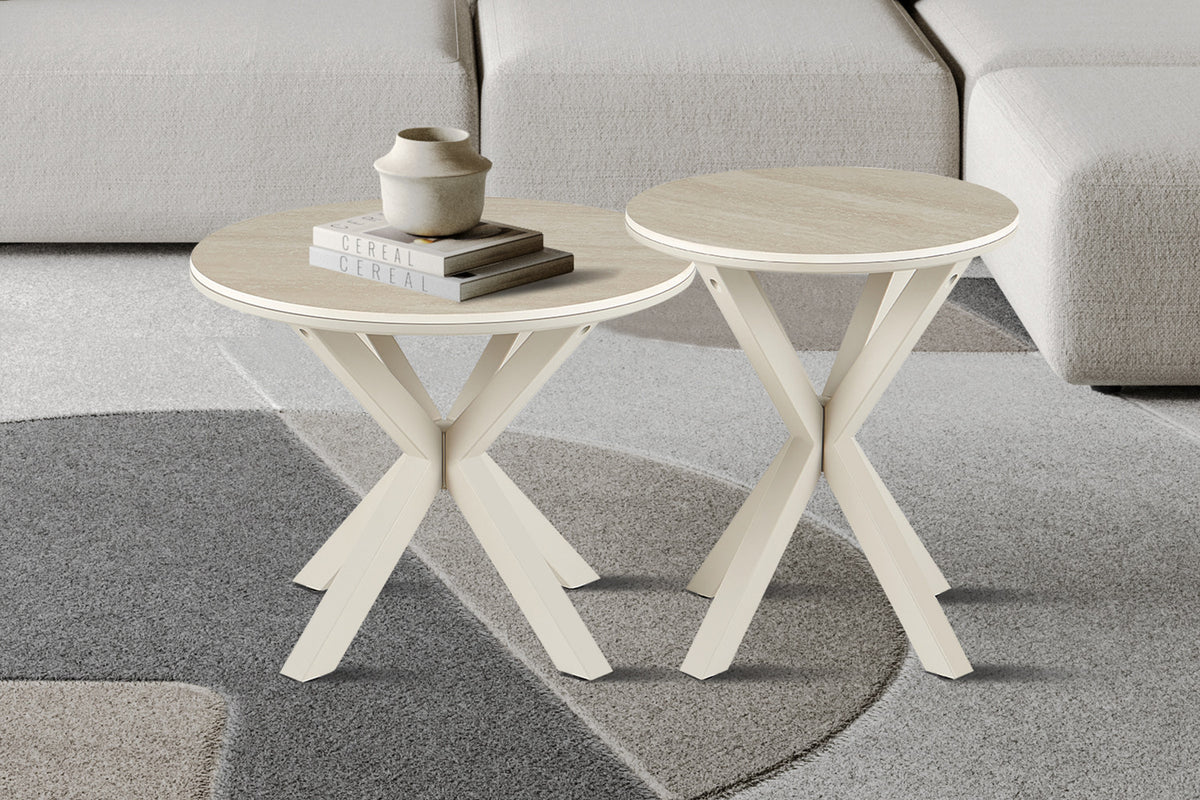 Rousseau - Table basse ronde Noa - Pierre Beige Baroque - Pied Gris - 55 x 50 x 50 cm