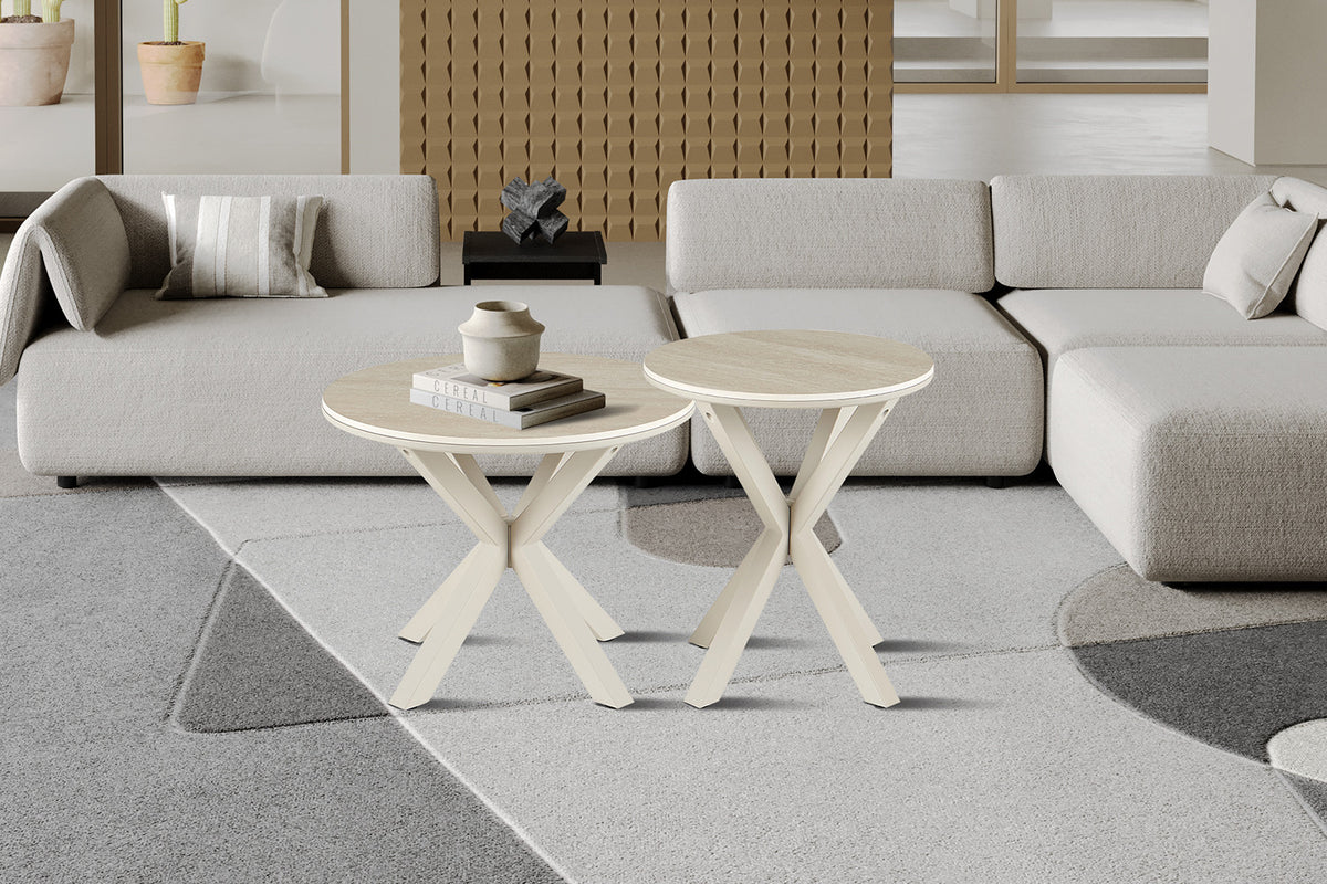 Rousseau - Table basse ronde Noa - Pierre Beige Baroque - Pied Gris - 55 x 50 x 50 cm