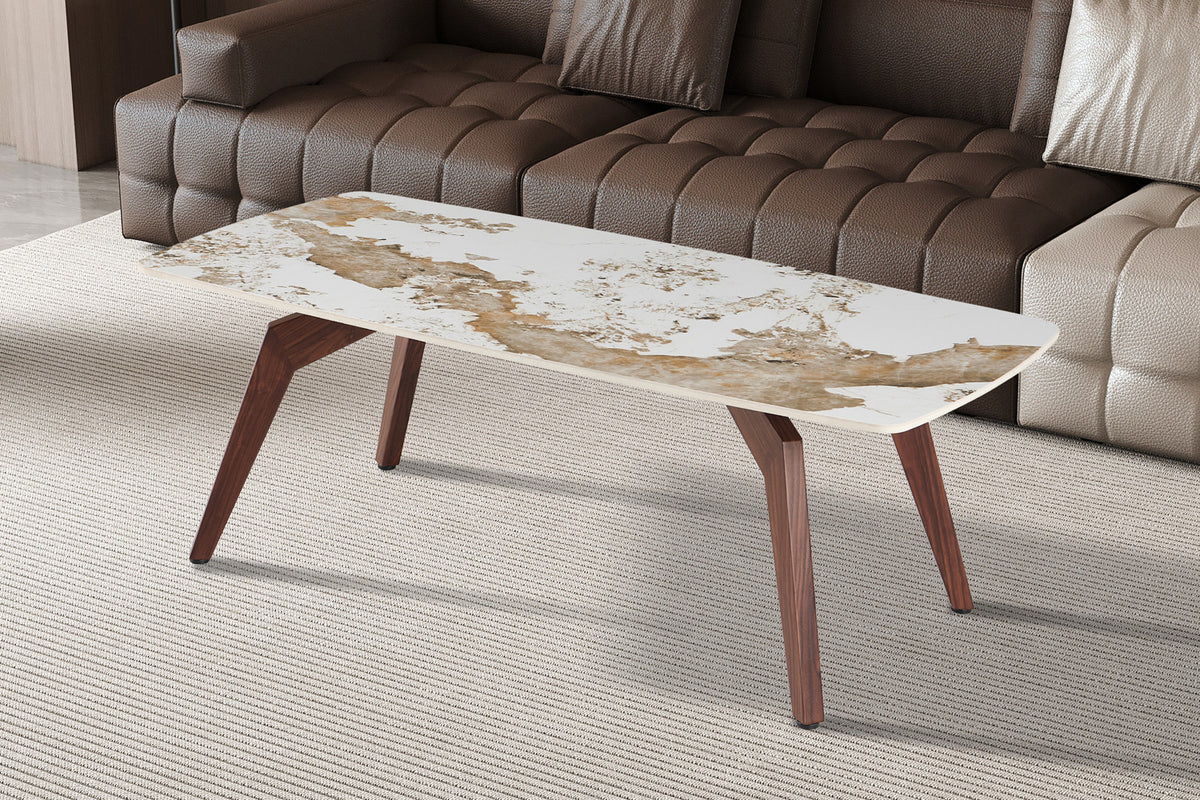 Rousseau - Table basse Alma - Pierre Pandora brillante - Pied Noyer - 41 x 120 x 60 cm