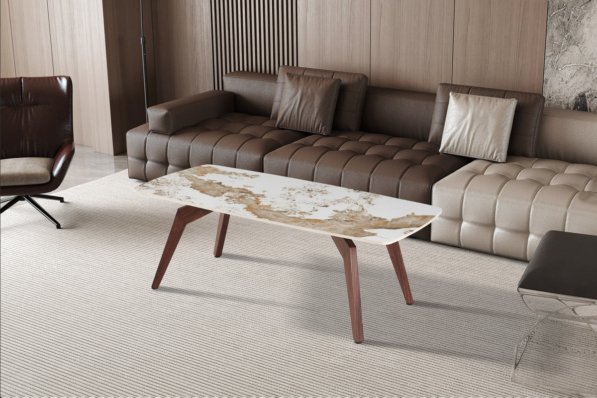 Rousseau - Table basse Alma - Pierre Pandora brillante - Pied Noyer - 41 x 120 x 60 cm