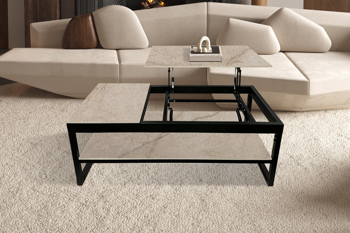 Rousseau - Table basse Axelle - Plateau relevable - Pierre brillante Shakespear Beige - 45/68 x 120 x 60 cm