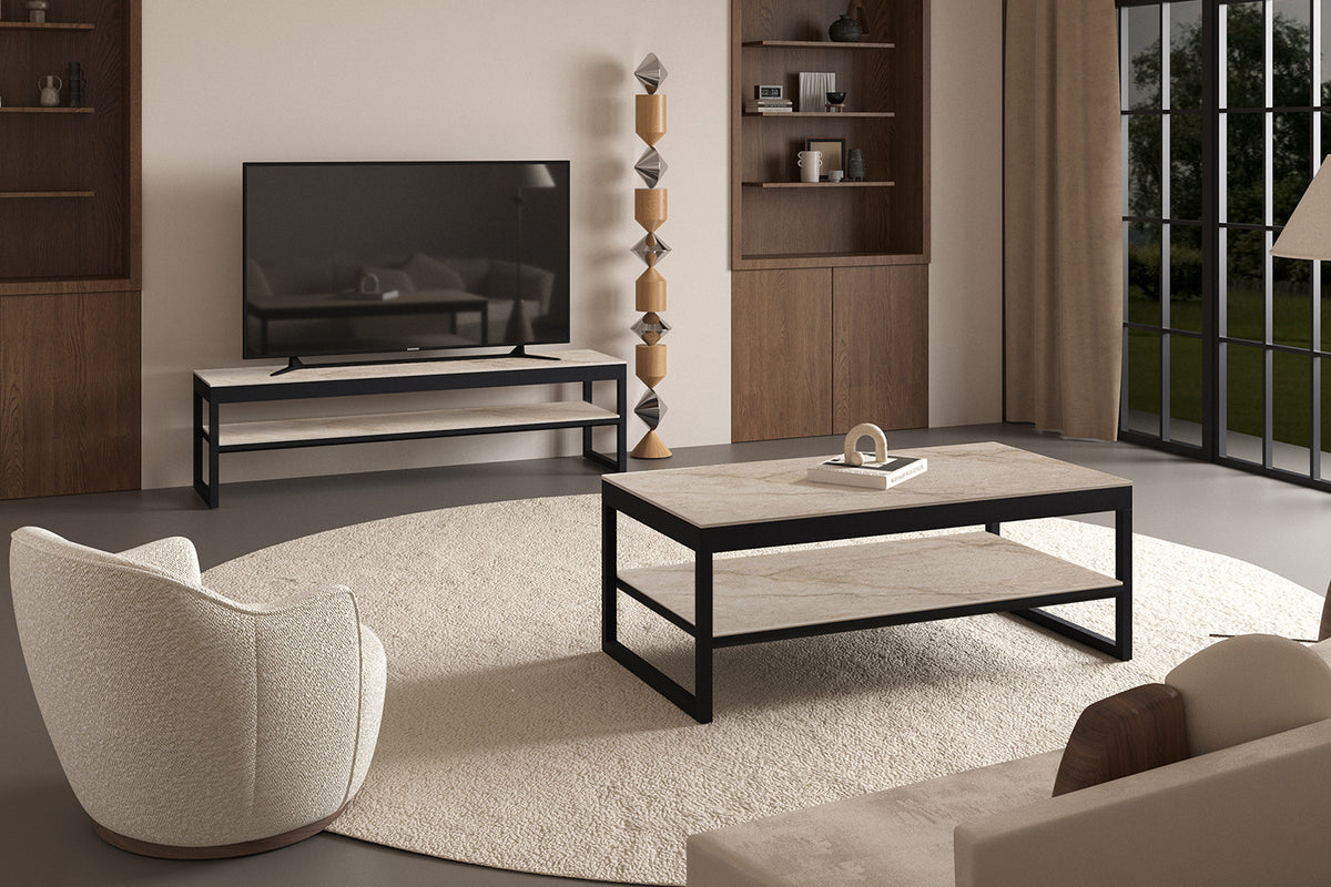 Rousseau - Table basse Axelle - Plateau relevable - Pierre brillante Shakespear Beige - 45/68 x 120 x 60 cm