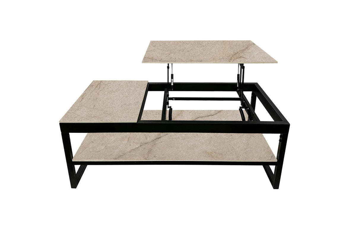 Rousseau - Table basse Axelle - Plateau relevable - Pierre brillante Shakespear Beige - 45/68 x 120 x 60 cm