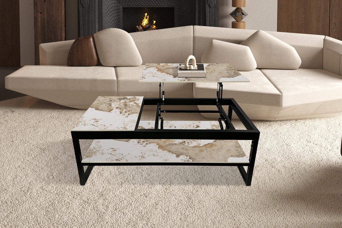 Rousseau - Table basse Axelle - Plateau relevable - Pierre Pandora brillante - 45/68 x 120 x 60 cm
