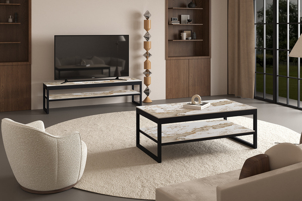Rousseau - Salontafel Axelle - Opklapbaar Blad - Glanzende Pandora-steen - 45/68 x 120 x 60 cm