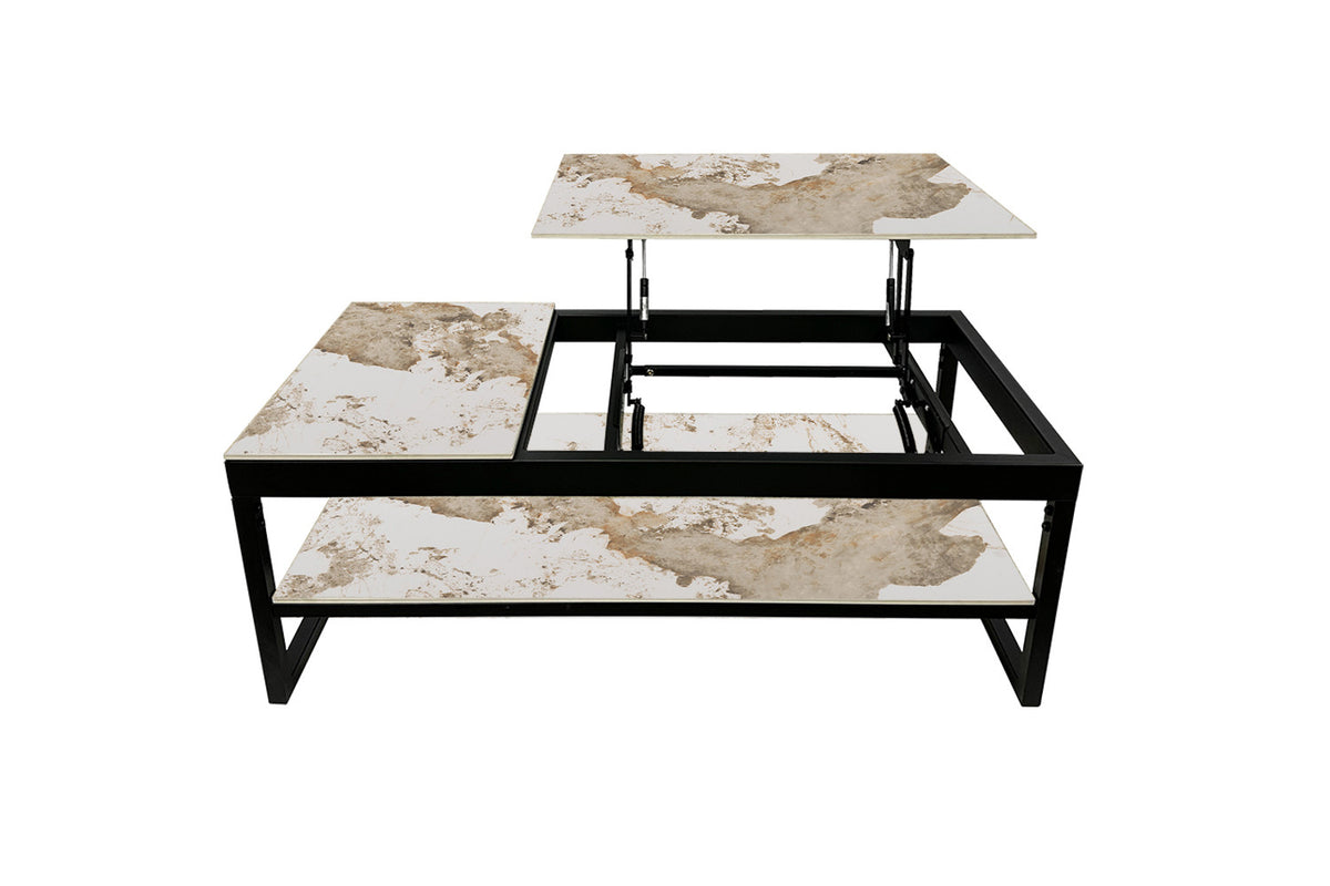 Rousseau - Salontafel Axelle - Opklapbaar Blad - Glanzende Pandora-steen - 45/68 x 120 x 60 cm
