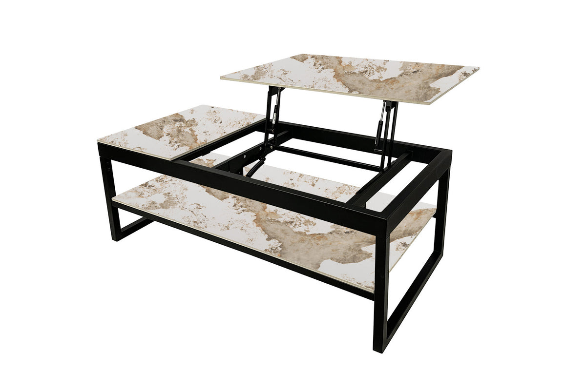 Rousseau - Salontafel Axelle - Opklapbaar Blad - Glanzende Pandora-steen - 45/68 x 120 x 60 cm
