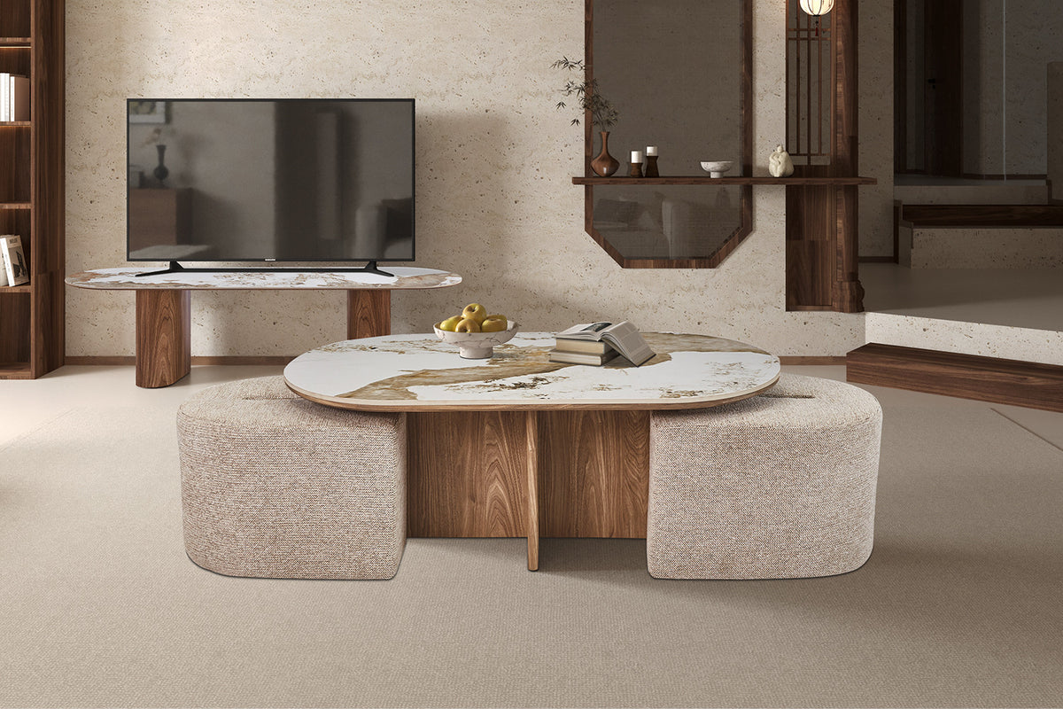 Rousseau - Table basse Evora avec 2 poufs - Pierre Pandora brillante - 45 x 120 x 60 cm