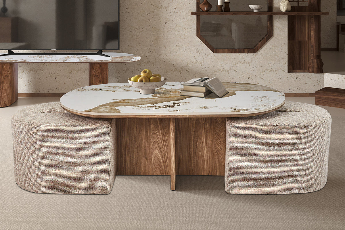 Rousseau - Table basse Evora avec 2 poufs - Pierre Pandora brillante - 45 x 120 x 60 cm