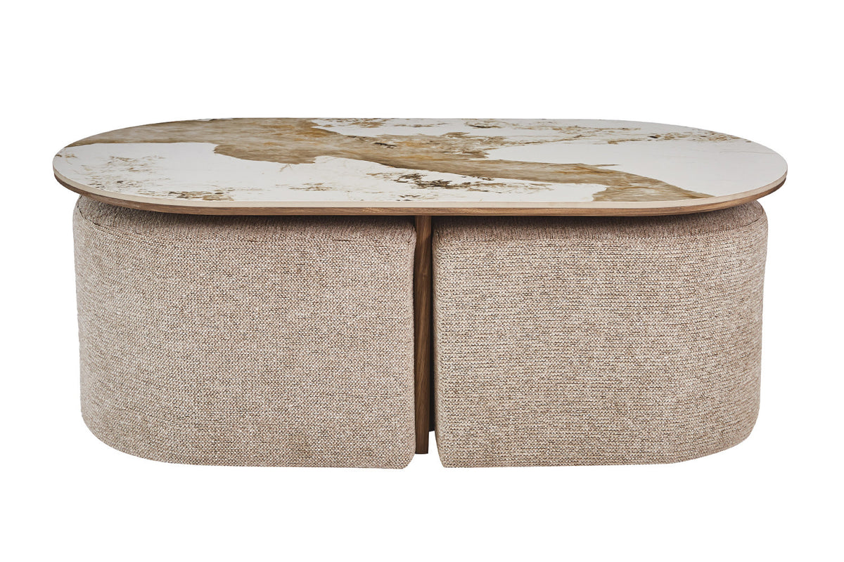Rousseau - Table basse Evora avec 2 poufs - Pierre Pandora brillante - 45 x 120 x 60 cm