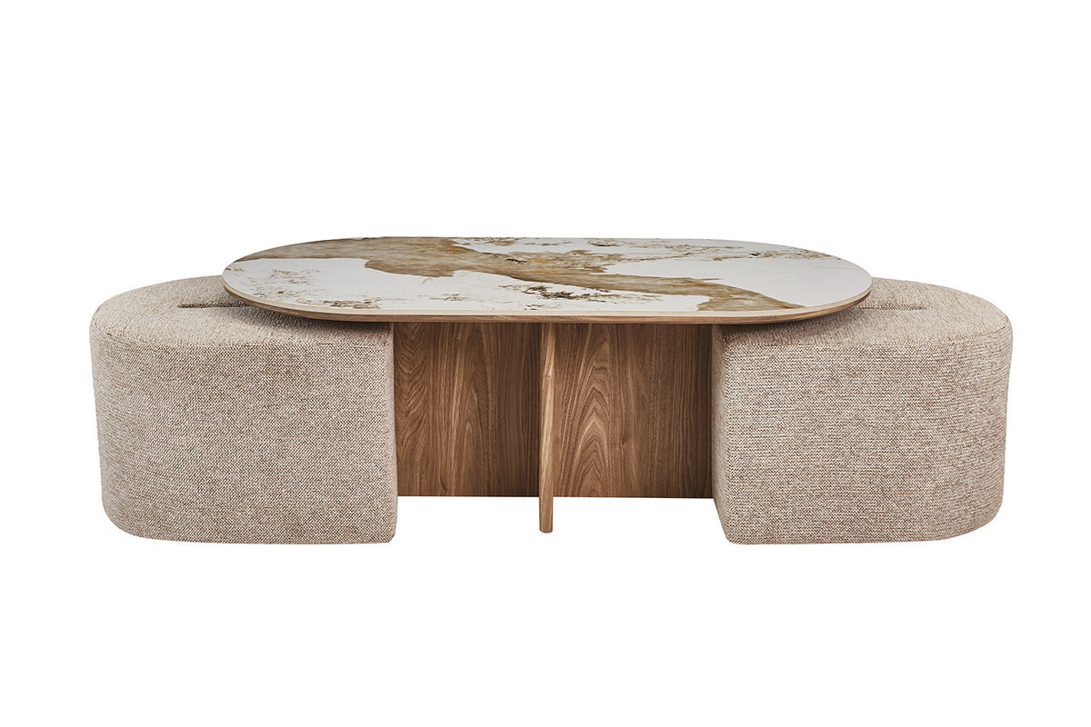 Rousseau - Table basse Evora avec 2 poufs - Pierre Pandora brillante - 45 x 120 x 60 cm