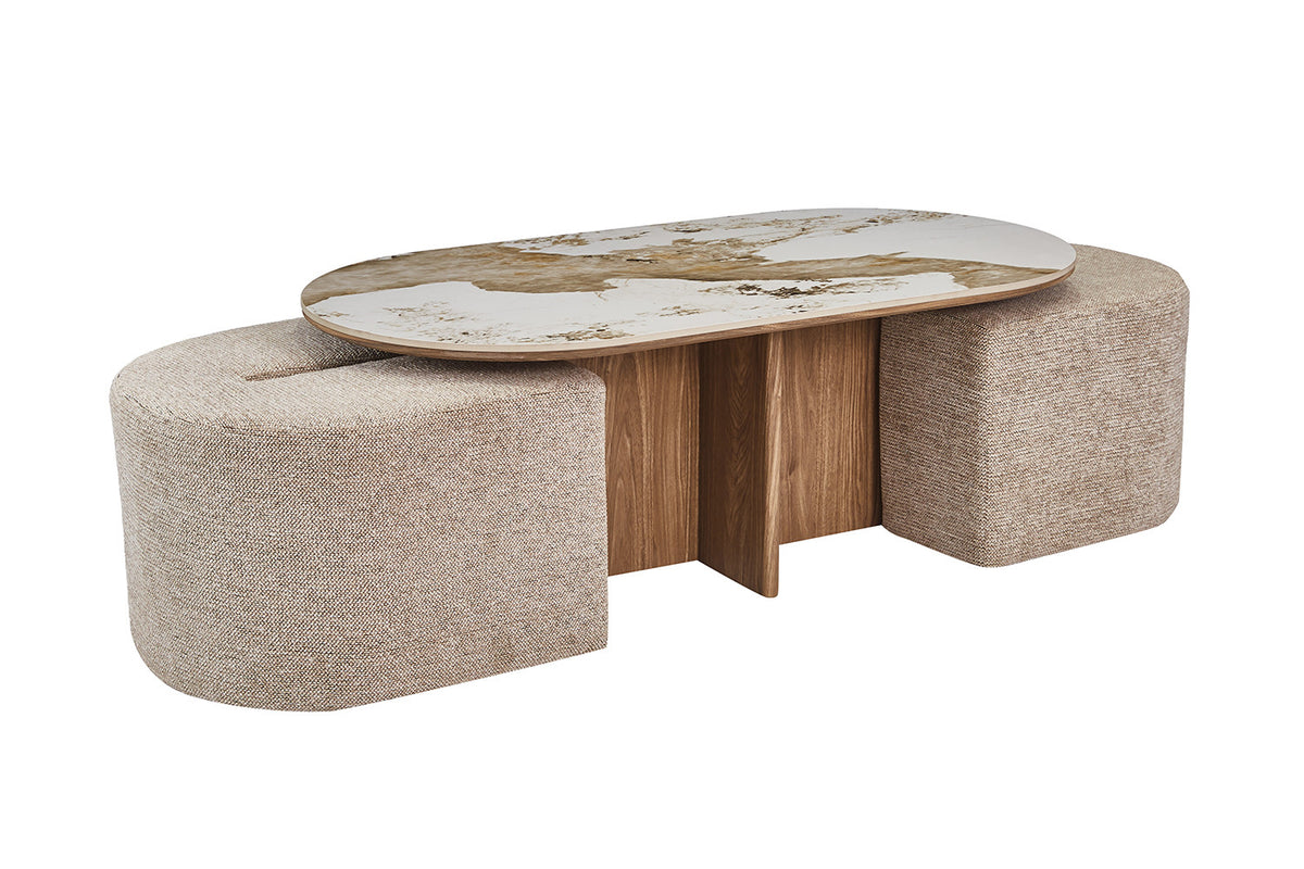 Rousseau - Table basse Evora avec 2 poufs - Pierre Pandora brillante - 45 x 120 x 60 cm
