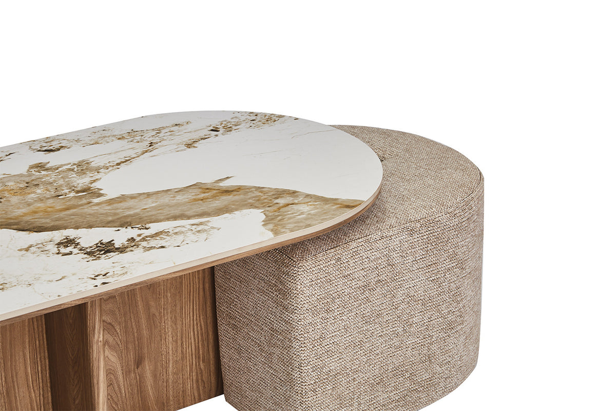 Rousseau - Table basse Evora avec 2 poufs - Pierre Pandora brillante - 45 x 120 x 60 cm