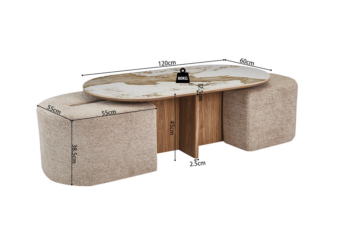 Rousseau - Table basse Evora avec 2 poufs - Pierre Pandora brillante - 45 x 120 x 60 cm