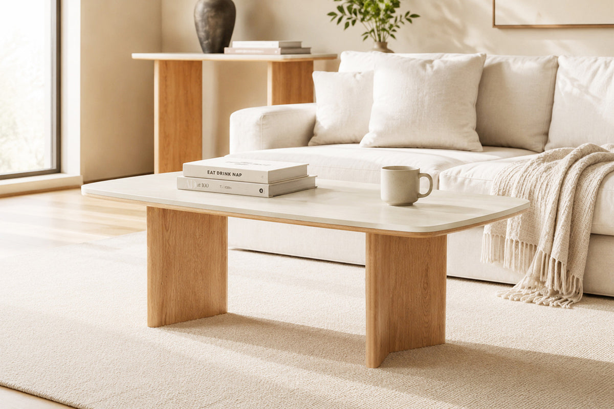 Rousseau - Table basse ovale Matera - Pierre Beige Baroque - 45 x 120 x 60 cm