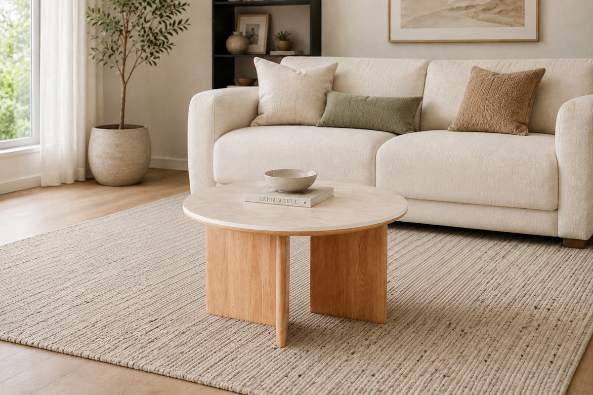 Rousseau - Table basse ronde Matera - Pierre Beige Baroque - 45 x 80 x 80 cm