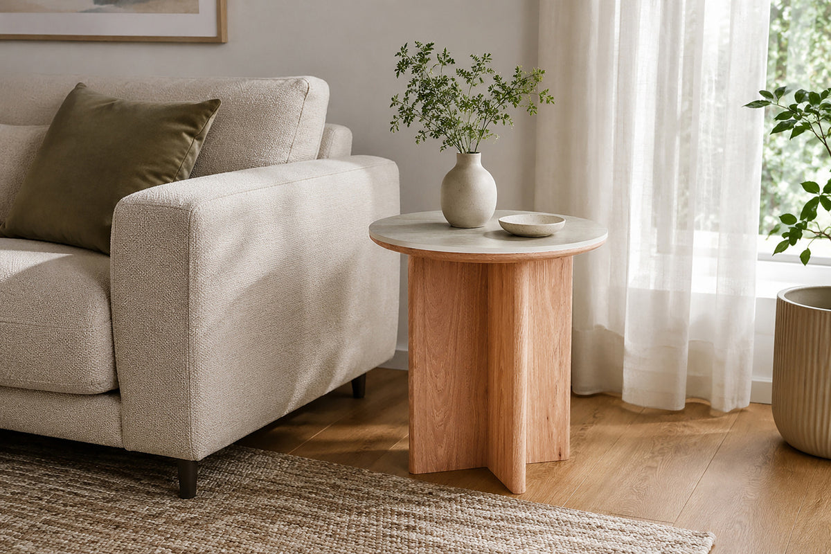 Rousseau - Table d'appoint ronde Matera - Pierre Beige Baroque - 55 x 50 x 50 cm